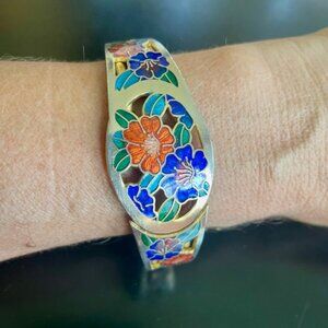 Cloisonne Green & Orange Bracelet with Spring Mechanism